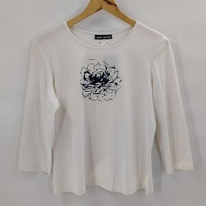 Lana Sport By Lana Lee Top Size Large White Blue Floral Quarter Sleeve Tee